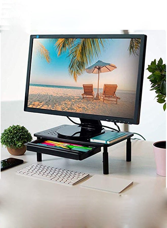Compare Monitor Stand Riser for Computer, Laptop, Printer, Notebook and All Flat Screen Display with Vented Metal Platform and 3 Height Adjustable Underneath Storage, 1 Pack With Single Drawer Black at KSA Price
