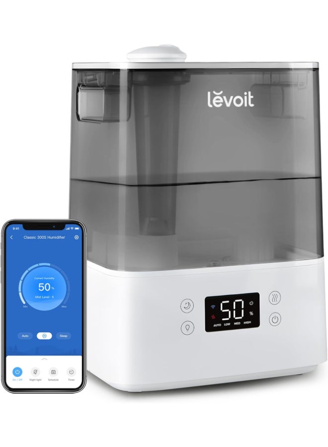 Compare LEVOIT Smart Humidifiers for Bedroom, 6L TopFill Cool Mist with Quiet Sleep Mood for Plants and Pets, Auto Mode, Timer, Essential Oil Diffuser, Up to 60H for 47㎡, Gray Classic 300S grey at KSA Price