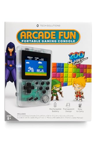 Compare Tech Solutions Arcade Fun Portable Gaming Console 200 Classic Games Clear Transparent Design Rechargeable Battery TV Connectivity Ages 8 with AV and USB Cables at KSA Price