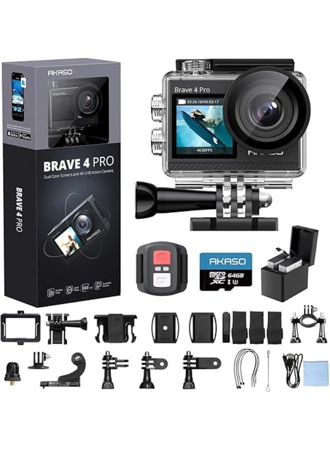 Compare Brave 4 Pro Action Cam 4K30fps Sports Camera with 64GB MicroSD U3 Card, Remote Control, Waterproof Housing, 2 x 1350 mAh Batteries at KSA Price