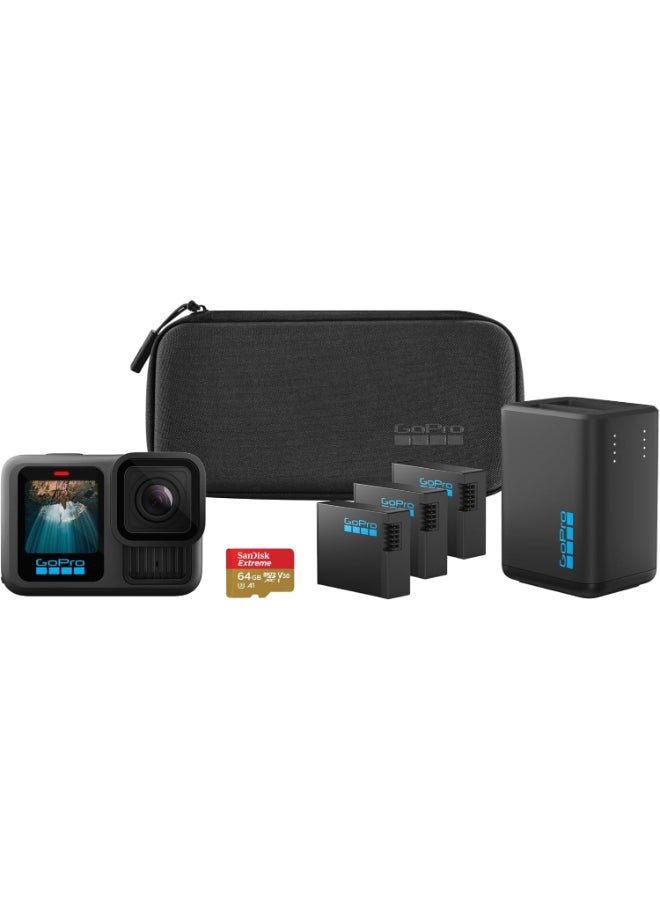 Compare HERO13 Black Extended Power Bundle  Includes Dual Battery Charger, 3 Enduro Batteries, 64GB microSD Card, Curved Adhesive Mount, and Camera Case  with Official GoPro UAE Warranty at KSA Price