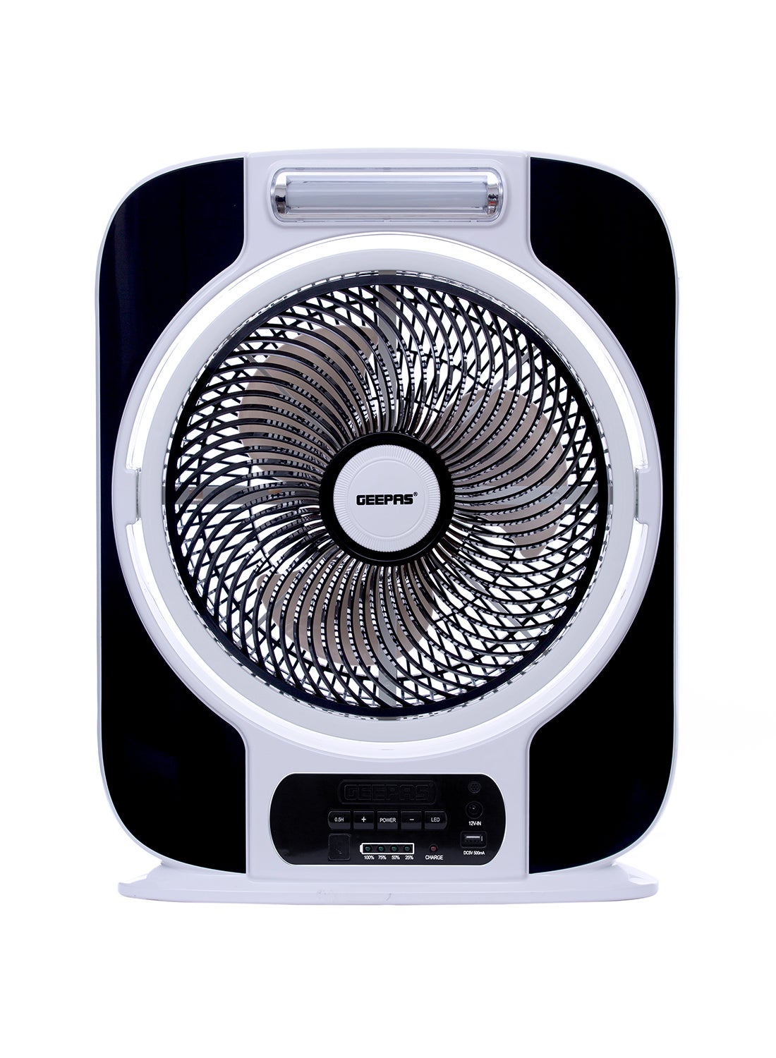 Compare 12 Rechargeable Box Fan | 40 hours working | 16 Pcs HiPower SMD LED Light, UpDown Tilting, 9 Speed Options, LCD Display, Solar panel Input  USB Fan for Office, Home & Travel Use GF989 Black & at KSA Price