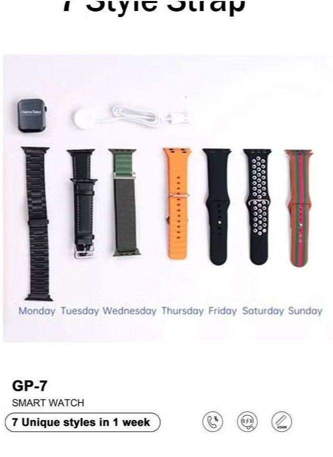 Compare GP 7 Smart Watch with Seven Set Straps & Wireless Charger | Premium Smartwatch for Men & Women | Fitness Tracker, Heart Rate Monitor, 1.5 HD Display, Long Battery Life, Notifications & More at KSA Price