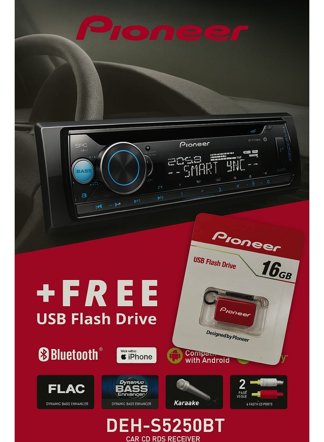 Compare DEHS5250BT Car Stereo with Bluetooth, Spotify, Android Compatible, 13Band EQ + FREE 16GB USB Drive at KSA Price
