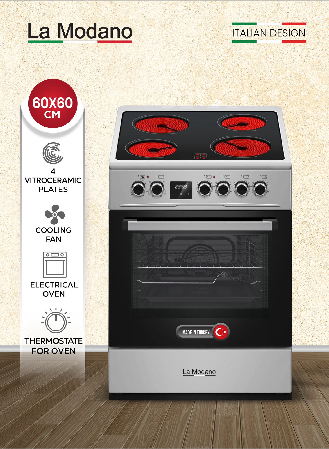 Compare 60x60 cm Vitroceramic Electric Cooker, 4 Highlight Ceramic Heaters, FreeStanding Oven, Touch Timer, Turbo Fan, Double Glass Door, 8250W Power, LMC60VT at KSA Price