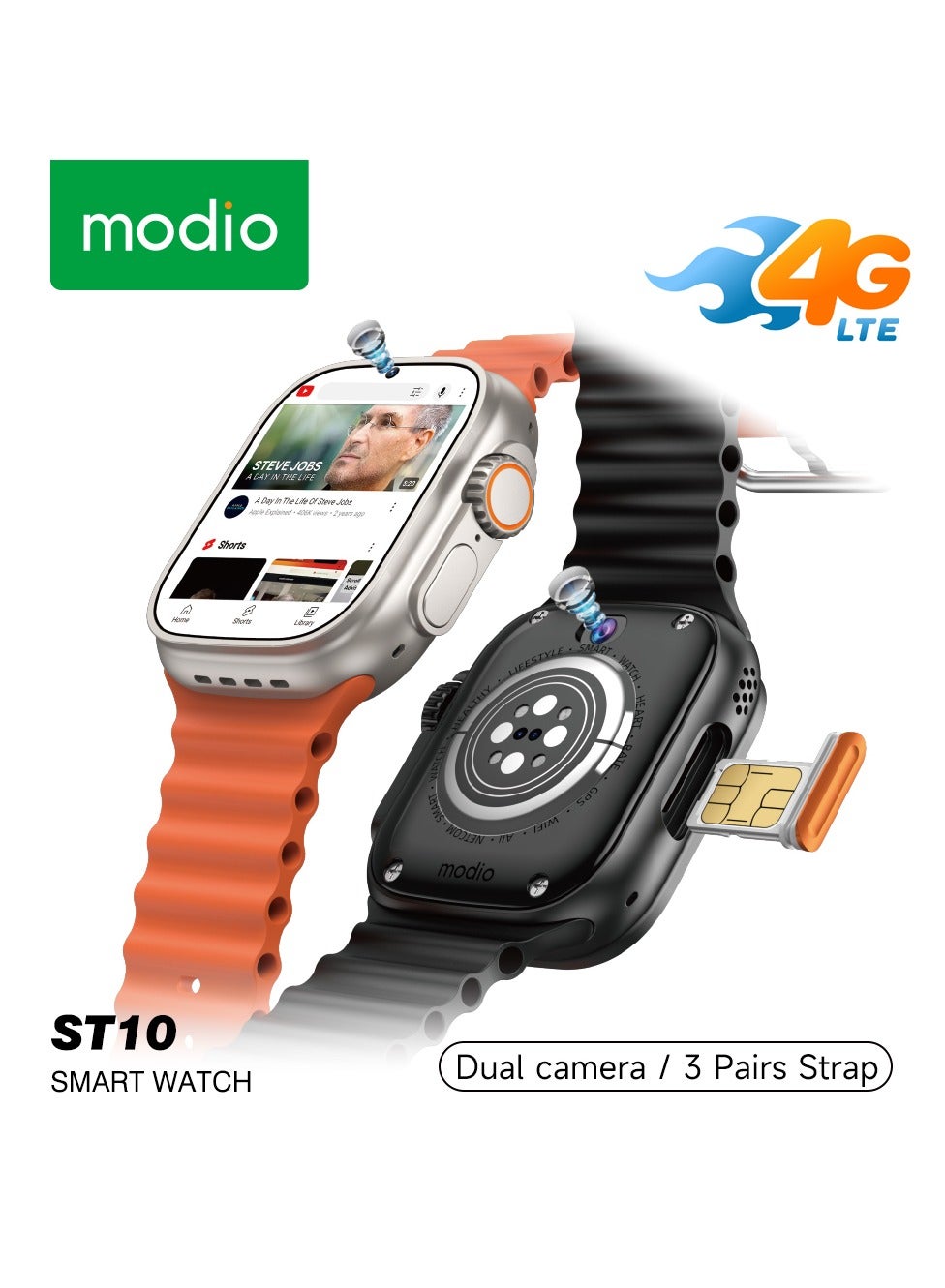 Compare Modio ST10 Smart Watch WATERPROOF With SIM WiFi Dual Camera 2.2 Inch Display 4GB RAM 64GB Memory 3 Pairs of Straps Black at KSA Price