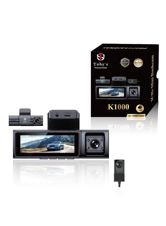 Compare Toby’s K1000 3CHs 4K Mini Dashcam with 3.2” IPS Screen, FrontInsideRear Cameras, WiFi, GSensor, Loop Record, Reverse Parking, Time Lapse, Supports 256GB TF at KSA Price