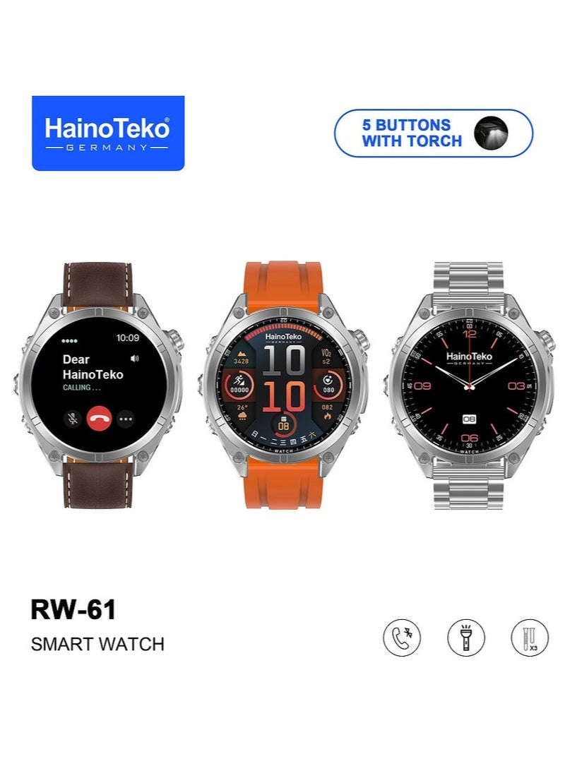 Compare RW61 Smartwatch with Round AMOLED Display, BuiltIn Flashlight, Long Battery Life, Fitness & Wellness Tracking, 3 Interchangeable Straps and Charging Cable – Unisex Design in Silver at KSA Price
