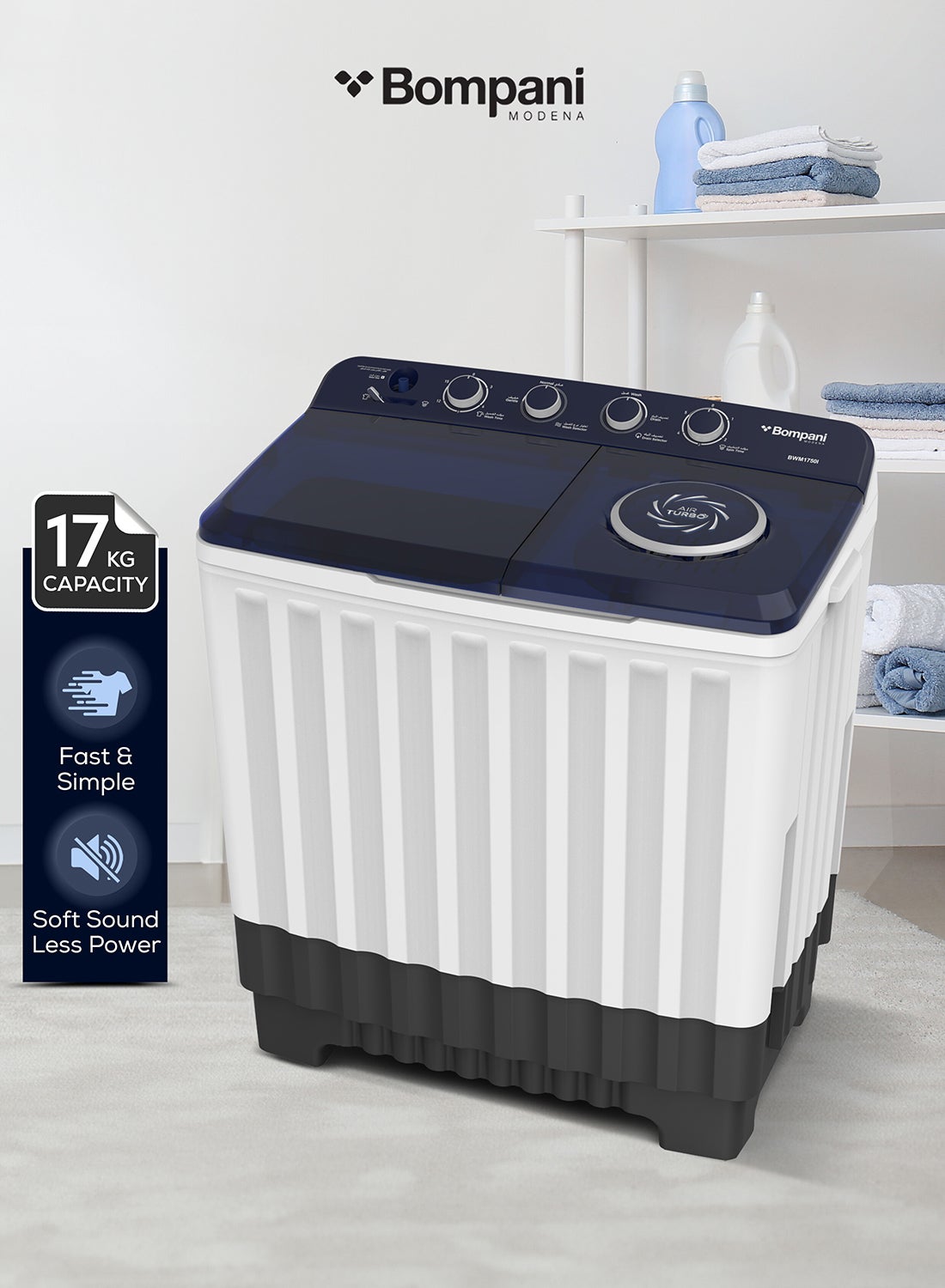 Compare 17kg Top Load SemiAutomatic Twin Tub Washing Machine – 8kg Spin Capacity, 4 Knob Controls, Lint Filter, Transparent Lid 17 L 760 W BWM1750I White at KSA Price