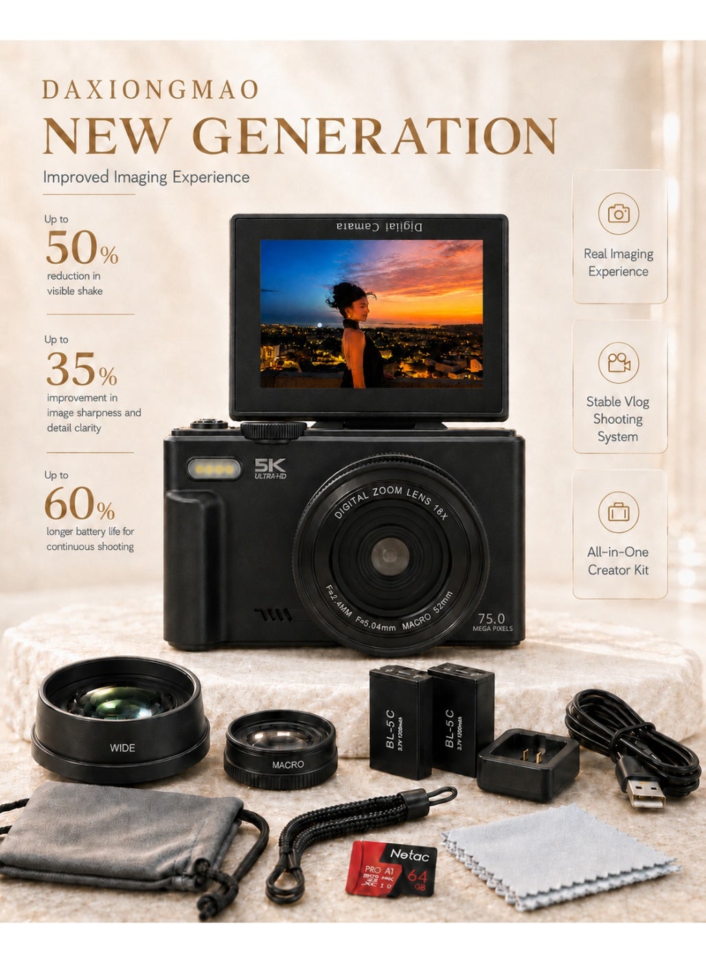 Upgraded 5K 75MP Digital Camera for Photography…