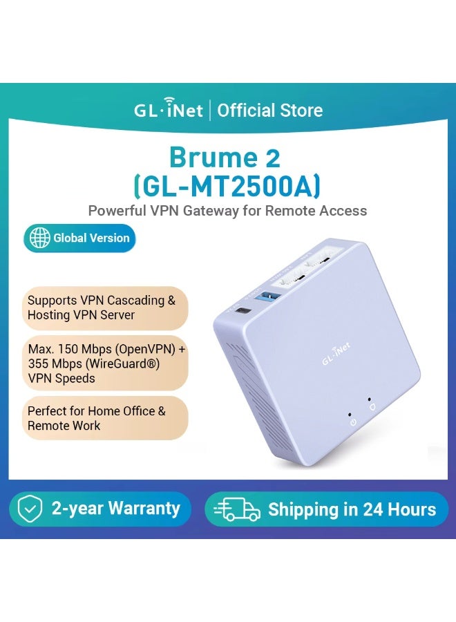 Compare GL.iNet GLMT2500 Brume 2 Professional Mini VPN Security Gateway, Home Office Remote Work SitetoSite, WireGuard & OpenVPN Server Client, 247 Connection, 2.5G WAN, USB3.0, OpenWrt, NO WiFi, Ethernet Only at KSA Price