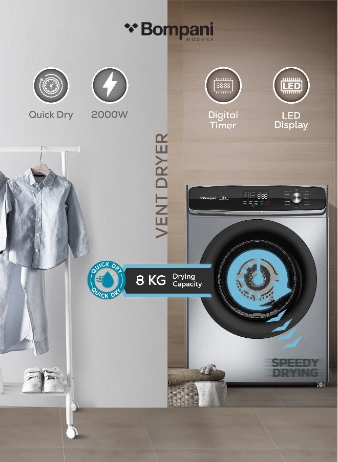 Compare 8kg Vented Front Load Dryer with 12 Drying Programs – LED Display, AntiCrease, Low Temp Drying, Child Lock 8 L 2000 W BO5290UKBI7200S Grey at KSA Price