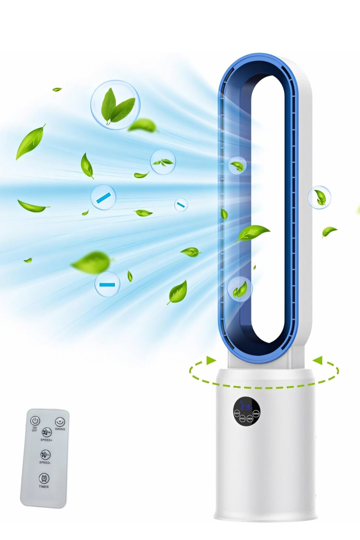 Compare Bladeless Tower Fan with Remote, Air Circulator Cooling Fan for Indoor Use, 24 Speeds Settings, 12 Timer, Quiet Oscillating Fan for Home Bedroom, Office, Living Room, White+Blue at KSA Price