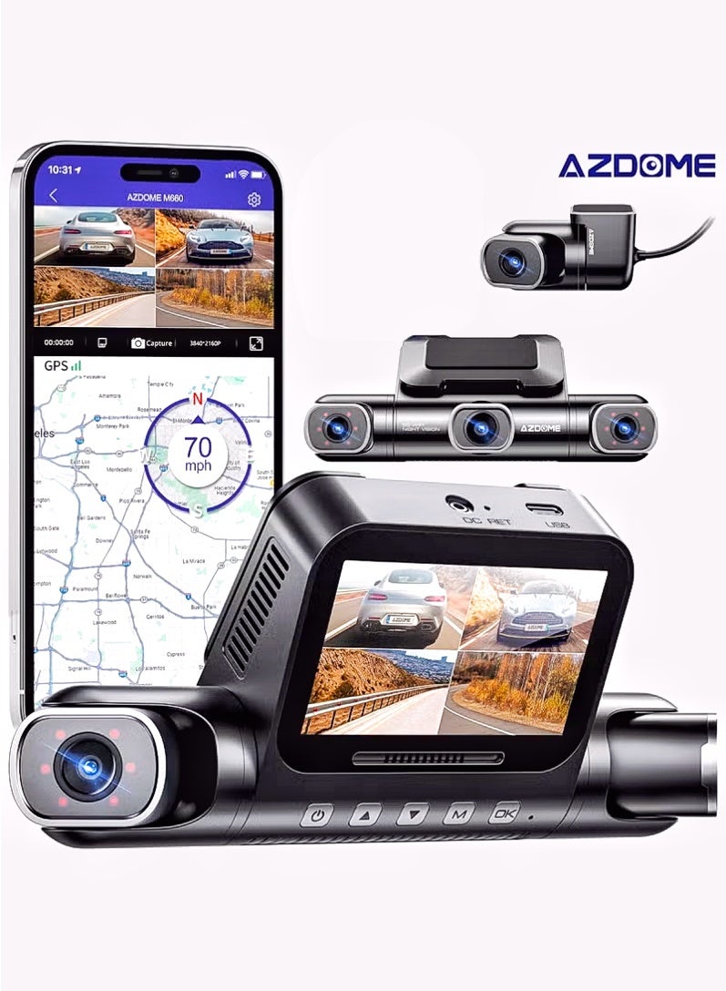 Compare 4 Channel 360° Dash Cam Front Rear Inside with 128GB eMMC, 4K+2K+1K+1K Dashcam 5G WiFi  IR Night Vision, Voice Control, Parking Mode, Fatigue Driving Reminder at KSA Price
