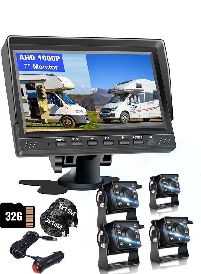 Compare Professional Dual Backup Camera System  7 inch Split Monitor with 32GB SD Card & IP69 Waterproof Cameras, 2Channel AHD Recording for TrucksTrailersSemis, with Cigarette Lighter and 1×15m & 3×10m cable at KSA Price