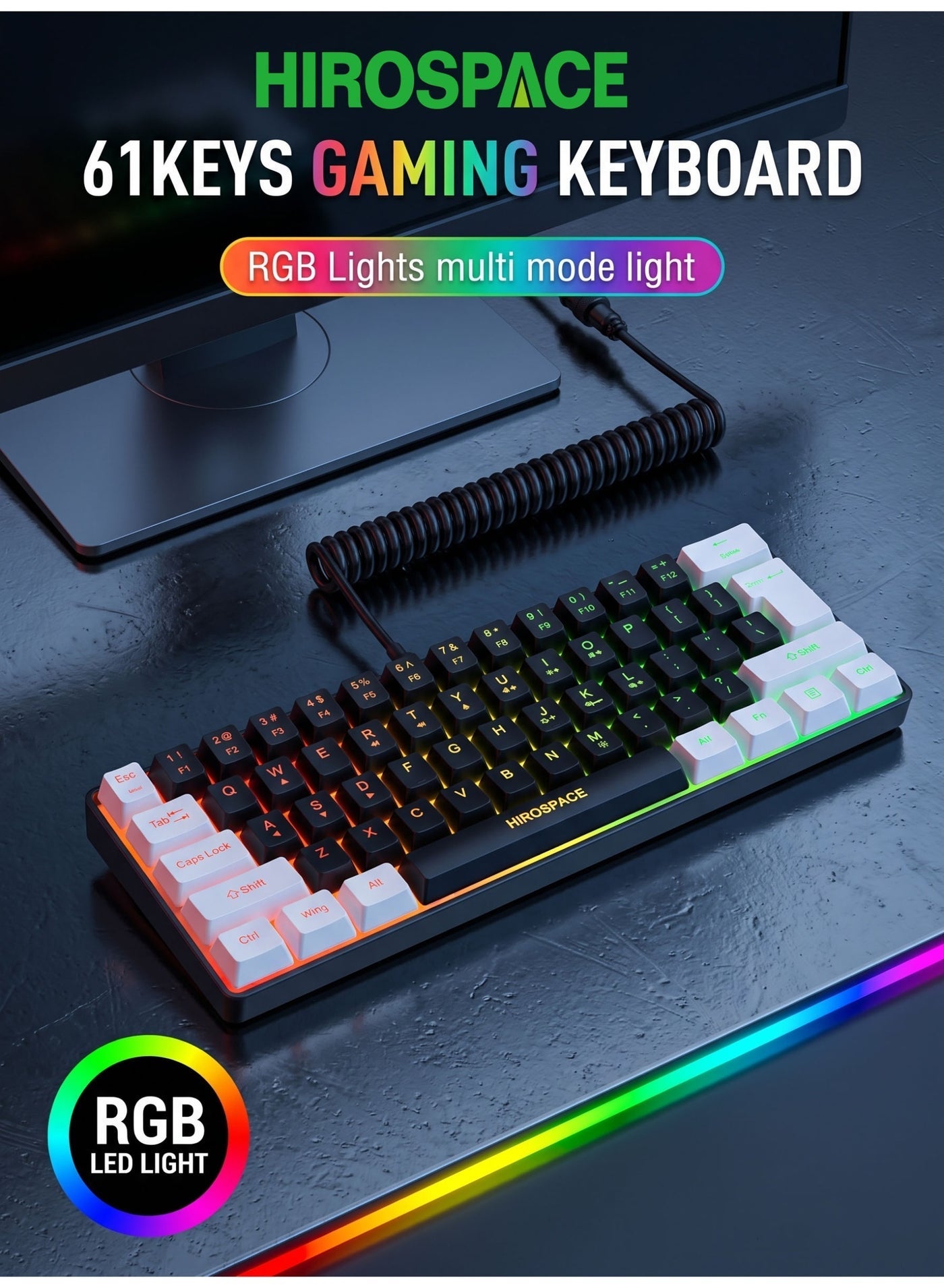 HIROSPACE 60% Wired Membrane Gaming Keyboard, RGB…