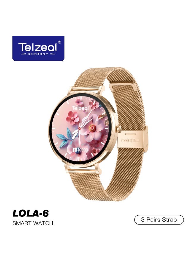 Compare Telzeal LOLA6 Womens Smart Watch with 3 Interchangeable Straps UltraSlim Round HD Touch Display, Bluetooth Calling, Health & Fitness Tracking Gold at KSA Price