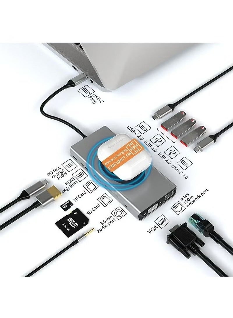 Compare Docking Station 13 in 1 Hub Adapter TYPE C to USB3.0*2+USB2.0+PD+RJ45+HD MI+Audio+VGA+TF+SD Slot+UCBC DATA*2+Wireless Charger at KSA Price