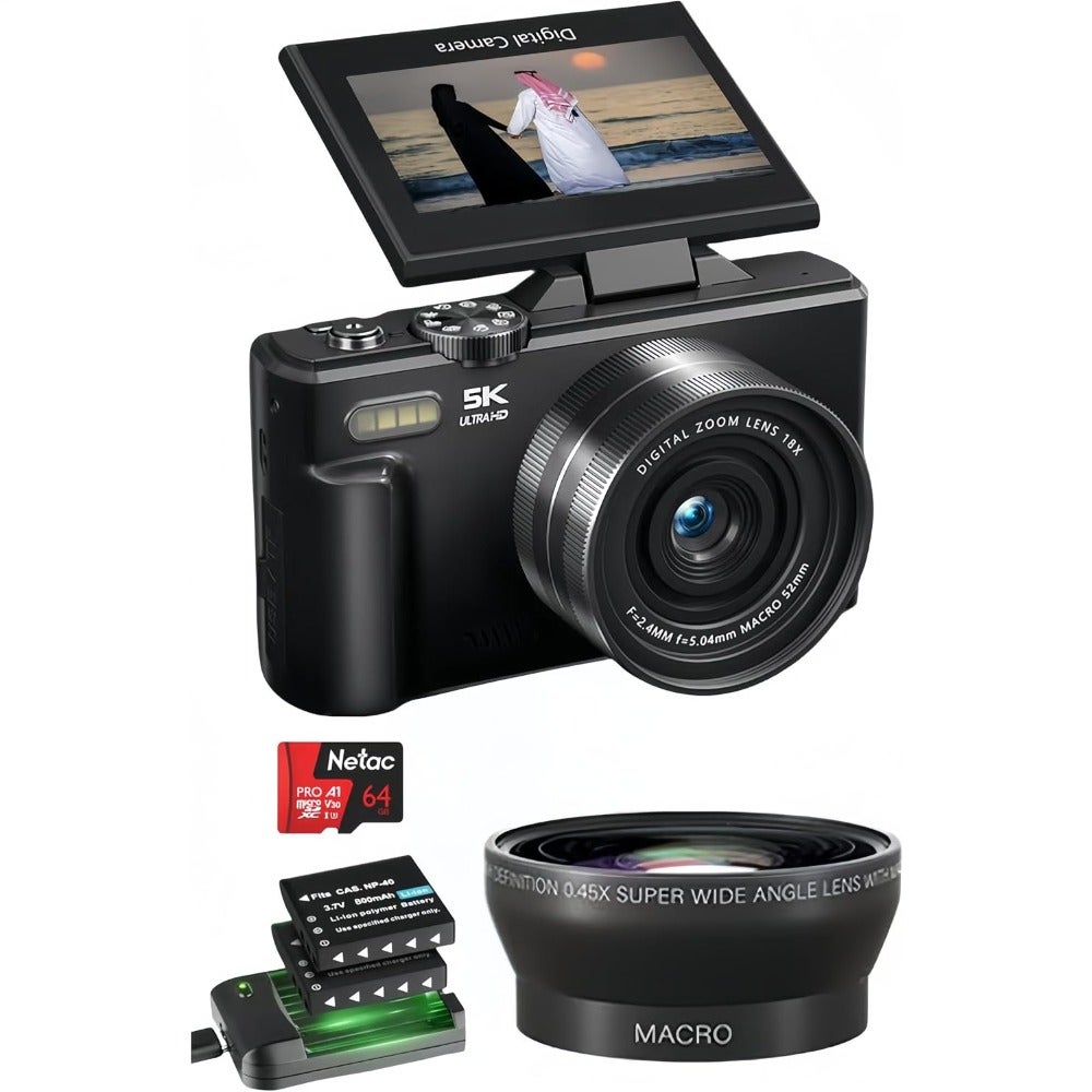 Compare 5K Ultra HD Digital Camera, 75MP, Black Metal Body, 3 Flip Screen, Wide Angle Macro Lens, 64GB Card, Dual Battery for Photography Vlogging Black at KSA Price