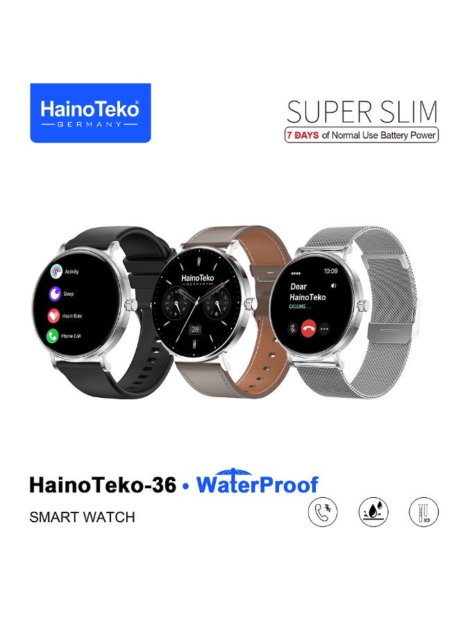 Compare HainoTeko36 Super Slim Waterproof Design Smart Watch with AMOLED Display Bluetooth Calling, 7Day Battery Life Multiple Sports Modes and 3 Interchangeable Straps Designed for Ladies and Gents Silver at KSA Price