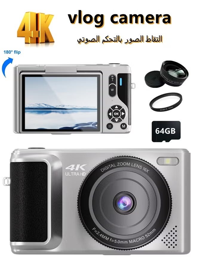 Compare Digital Camera, 4K Vlogging Camera, Kids Camera 64MP Point and Shoot Digital Cameras with 64GB TF Card, 16X Zoom,Voicecontrolled shuttermera at KSA Price