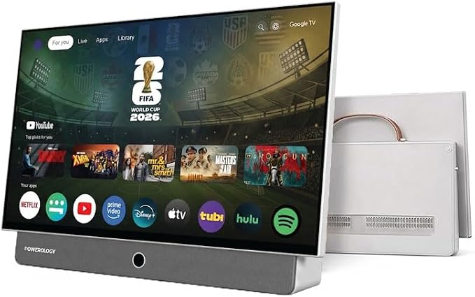 Compare Portable Smart TV 27 Inch FHD 1080P, Rechargeable Android 14 Google TV, 38400mAh 7 Hour Battery, DualBand WiFi, 10W Speakers, Carry Bag, Netflix Shahid YouTube, Camping & Travel at KSA Price