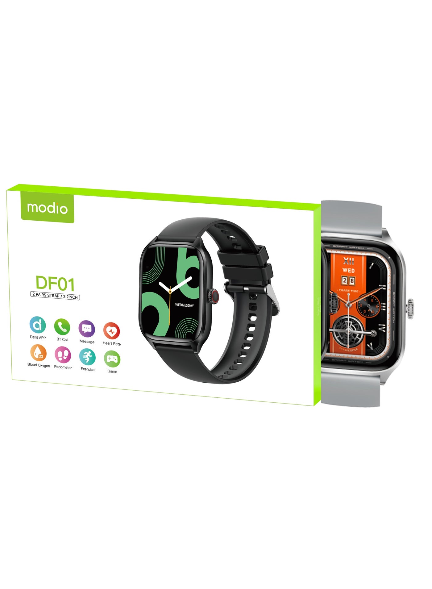 Compare Modio DF01 Smartwatch with 2.2 Inch Curved Display Bluetooth Calling 2 Pairs Straps and Charging Cable Designed for Ladies and Gents Silver at KSA Price