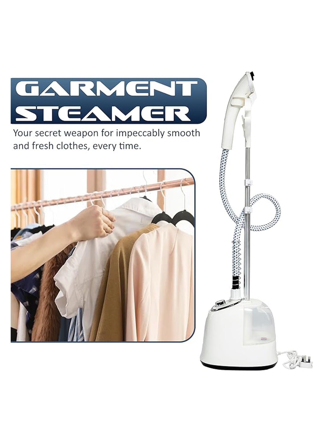 Compare Garment Steamer With Suit Hanger System, 2 Steam Levels, Overheating Protection, WrinkleFree, HighQuality Telescopic Poles, 50Min Steam, Ideal For Home And Business Use 1.6 L 1800 W NGS566AX White at KSA Price