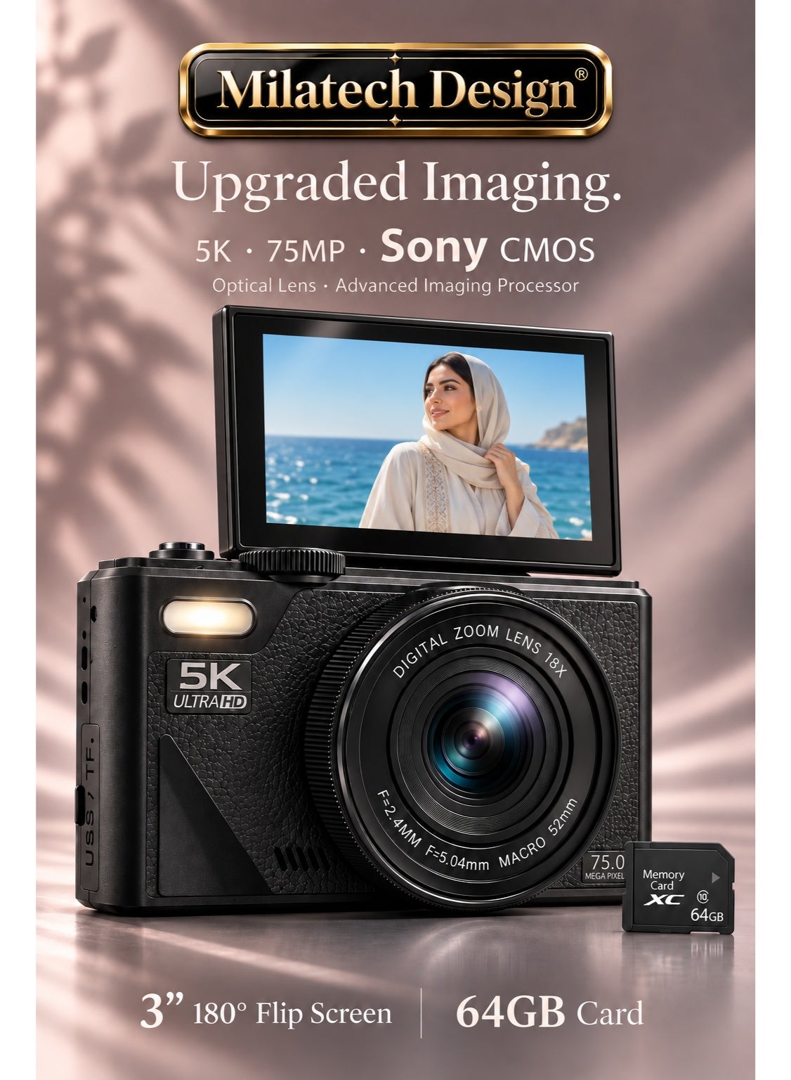 Compare Upgraded 5K Digital Camera, 75MP,Sony CMOS Sensor&Optical Lens , Larger Battery, EIS, WiFi, Autofocus, 3Inch 180° Flip Screen, 18X Digital Zoom and Branded 64GB TF Card – Black at KSA Price