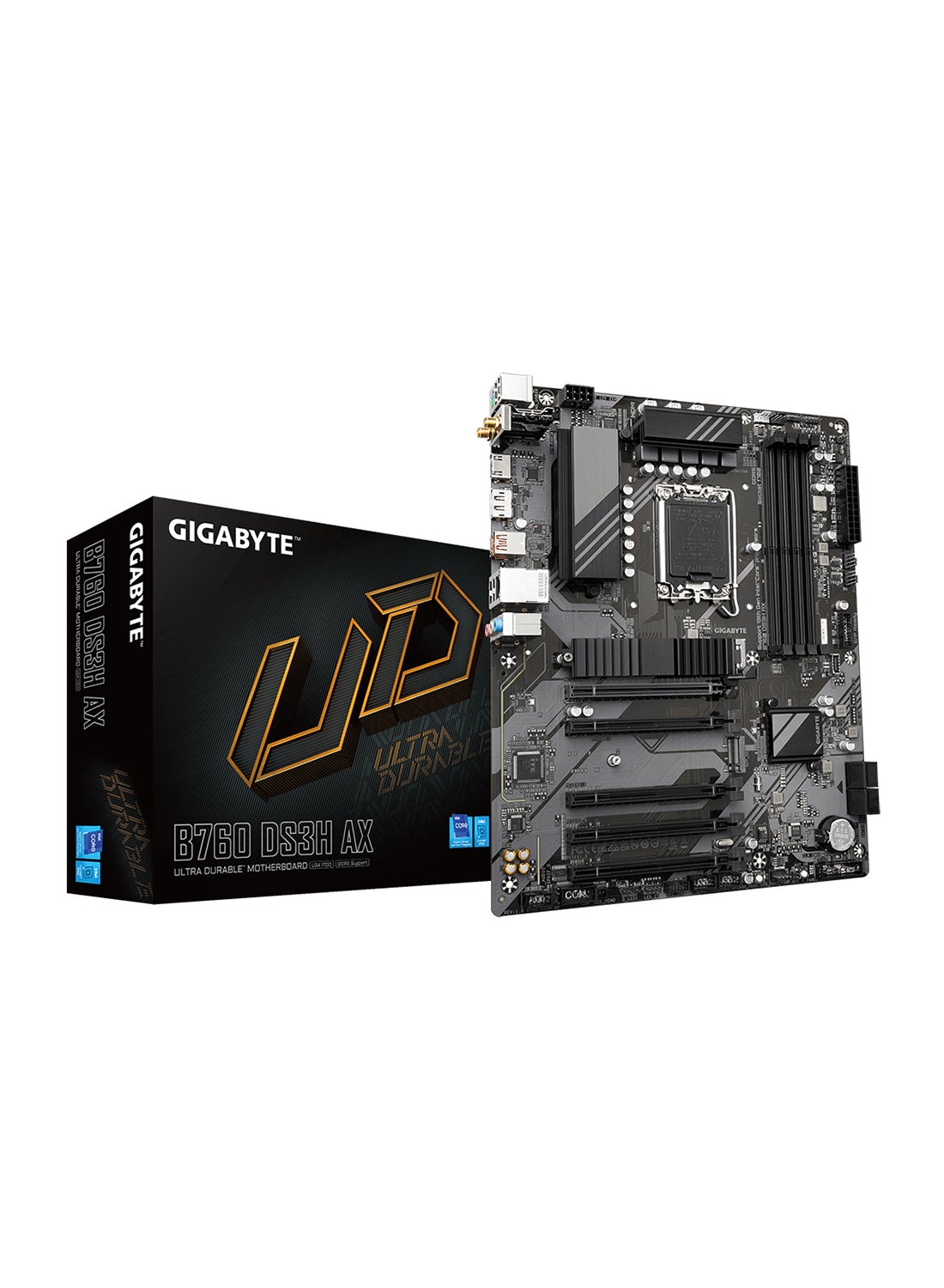 Compare B760 DS3H AX LGA 1700 ATX Motherboard, Intel B760 Chipset, 4 x DDR5 DIMM, Up to 192GB Memory, WiFi 6E AX21, BT 5.3, 1x PCI Ex16, 1x M.2, 1x HDMI, 1x DP, USB TypeC | B760 DS3H AX at KSA Price