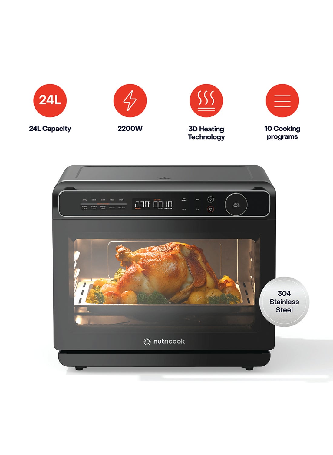 Compare Steam Oven – Stainless Steel 304, Rapid Steam Cooking, 10 Smart Cooking Programs Air Fry, Bake, Roast, Steam And More, 3D Heating Technology, Easy to Clean, 2Year Warranty 24 L 2200 W NCST330K Black at KSA Price