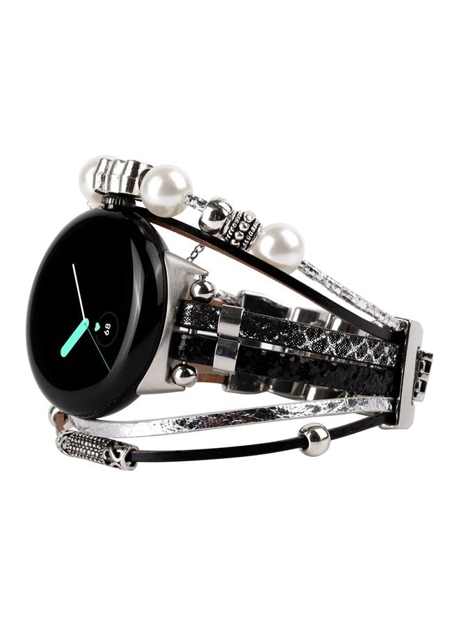 Compare Compatible with Google Pixel Watch Band, Slim Handmade Leather Bracelets Boho Bead Metal Jewelry Strap Multilayer Wrap Wristband Accessories for Women Pearl Black Silver at KSA Price