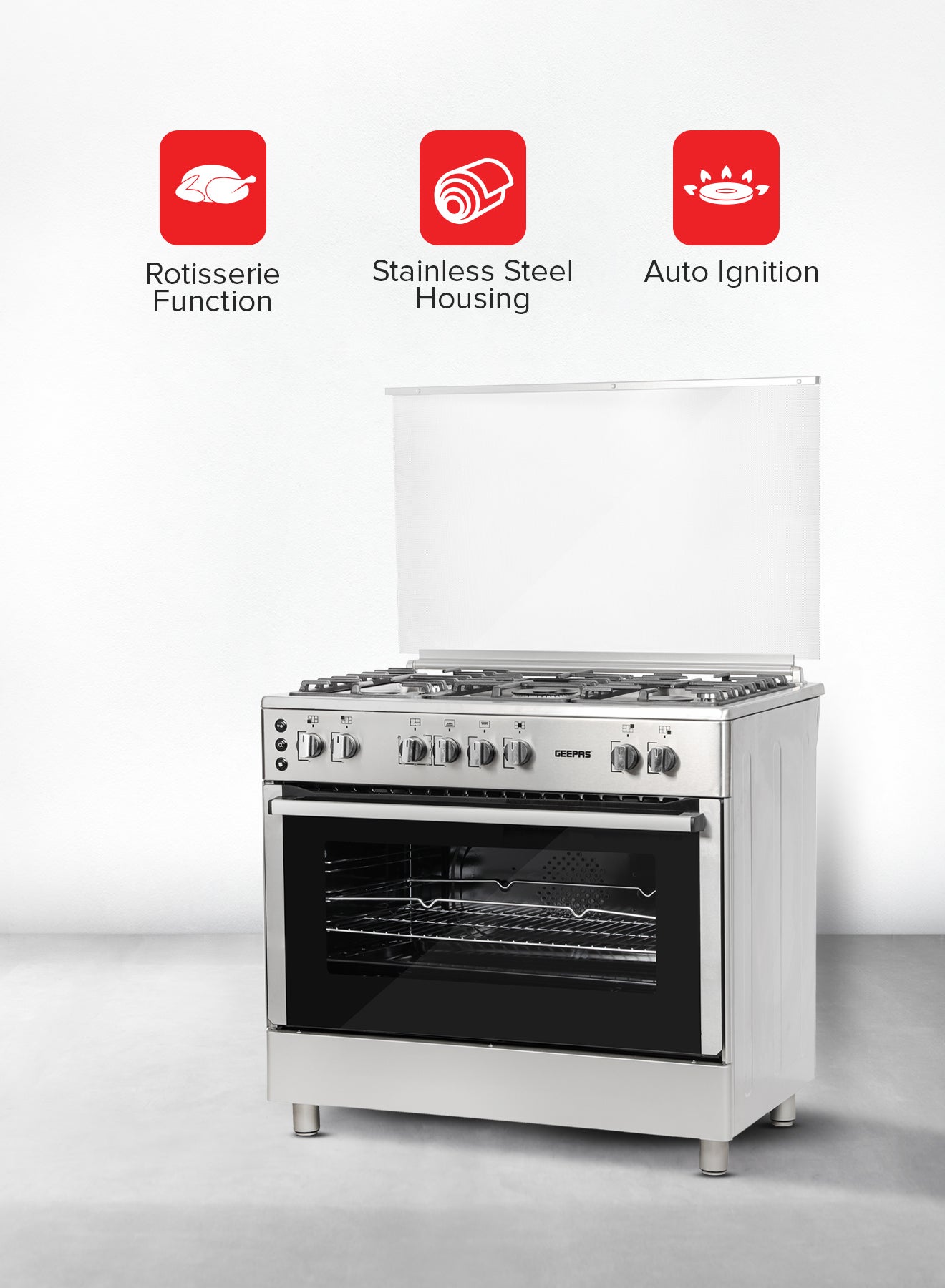 Compare 5 Gas Burners 90x60 Full Safety Gas Cooking Range With  Rotisserie Oven With Double Oven Lamp, Convention Fan, Auto Ignition With Timer GCR9077FTCST SilverBlack at KSA Price