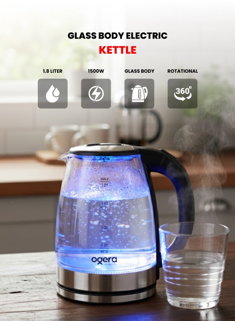 Compare Ogera Electric Glass Kettle | DoubleLayer CoolTouch Safety | 1.8L Capacity | 1500W Rapid Boil | Ogera OG1508EK | Sleek SilverBlack Design 2 year warranty at KSA Price