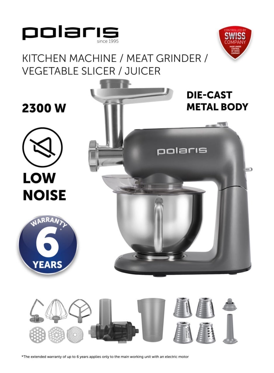 Compare Polaris PKM 2203L 6in1 Kitchen Machine | 6 L Stainless Steel Bowl | Mixer, Meat Grinder, Juicer & Vegetable Slicer | 6 Speeds + Pulse | CounterRotating Planetary Mixing for Even Results at KSA Price