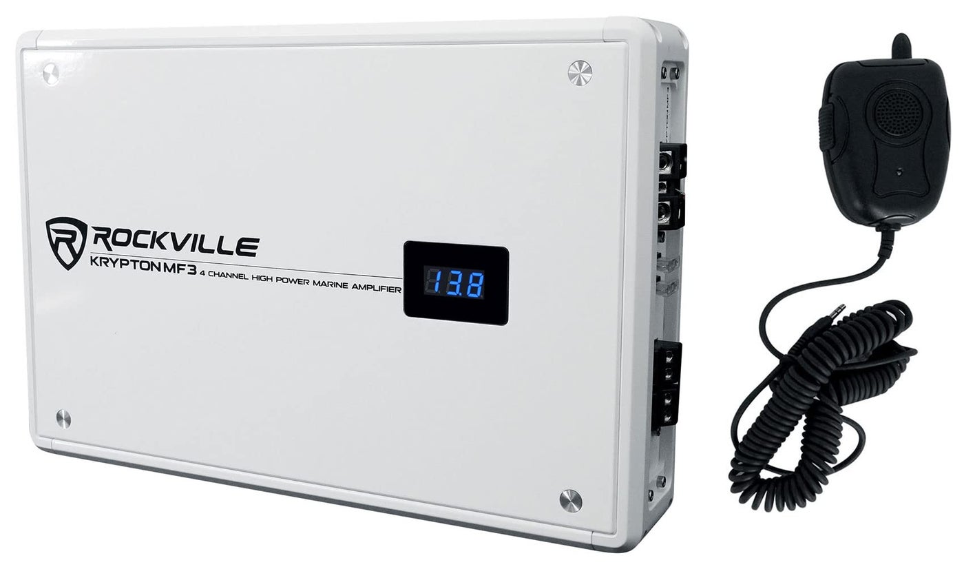 Compare Rockville Krypton MF3 1600w Peak 4 Channel Marine Amplifier White PA Microphone Rustproof Adjustable Crossover for Boats at KSA Price