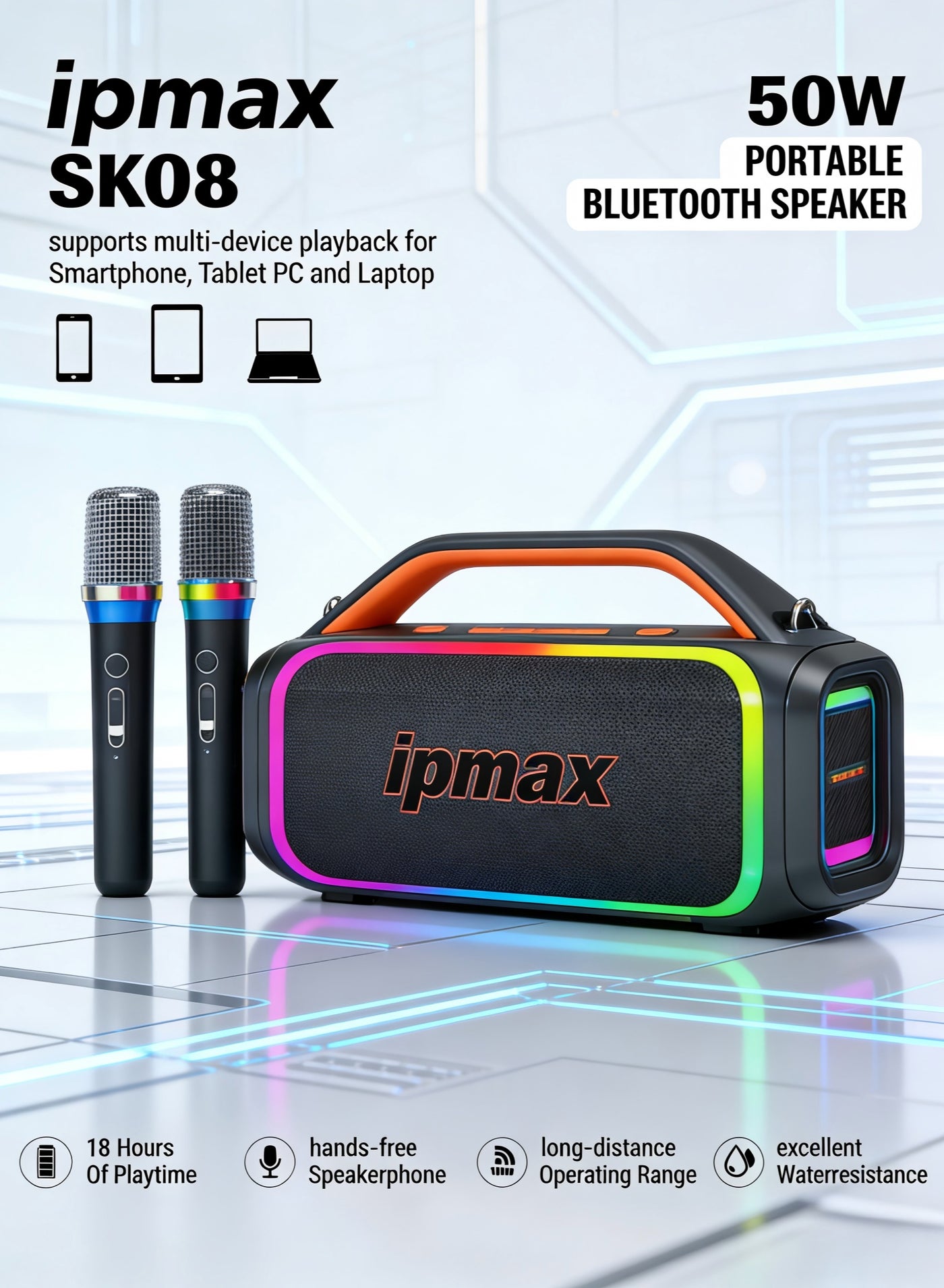 Compare ipmax SK08 50W Portable Bluetooth Speaker with Dual Wireless Microphones, 18 Hours Playtime, RGB Light, Waterresistant  Black at KSA Price