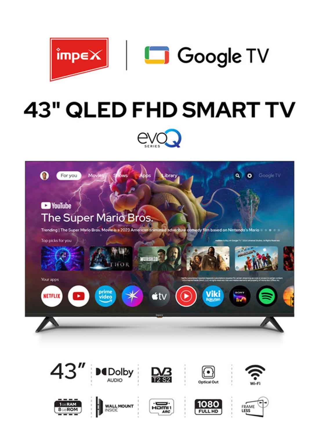 Compare 43 Inch QLED FHD Google TV, Voice Remote, Google Assistant television, Chromecast, HDMIx4, USBx2, DVB T2 S2, A+ Panel, 1GB RAM 8GB ROM, 1920x1080, Slim Design With Wall Mount 2Y Warranty – evoQ 43QLC2 Black at KSA Price