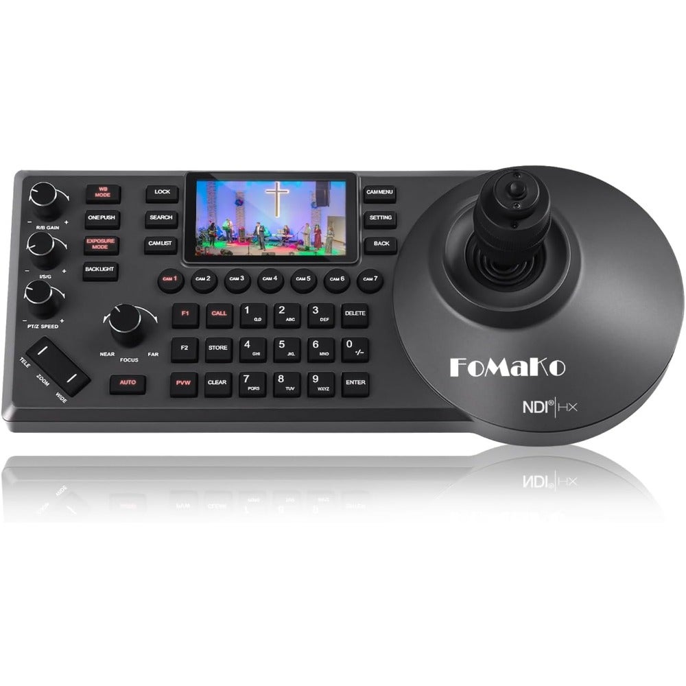 Compare FoMaKo KC608 Pro NDI PoE PTZ Camera with 3 LCD Preview Screen 4D Precision Joystick Control NDI Technology Ergonomic Wrist Rest Design for Church Live Service and Education Black at KSA Price