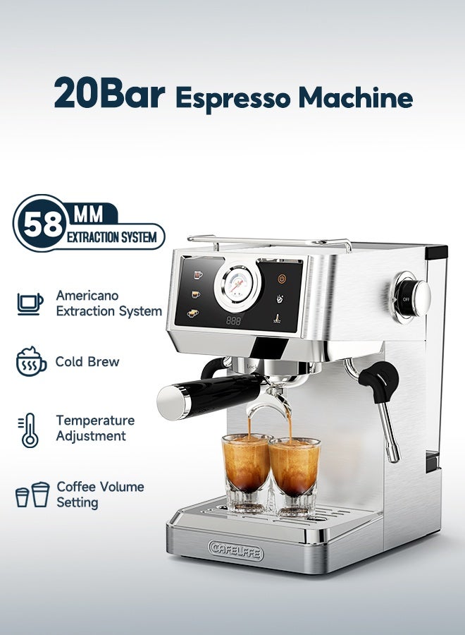 Compare 58mm Espresso Machine, 20 Bar Coffee Machine with Milk Frother and Americano Extraction System, Touch Panel, Coffee Volume & Temperature Adjustment, Cold Brew, Pressure Relief For Home and Office Use at KSA Price