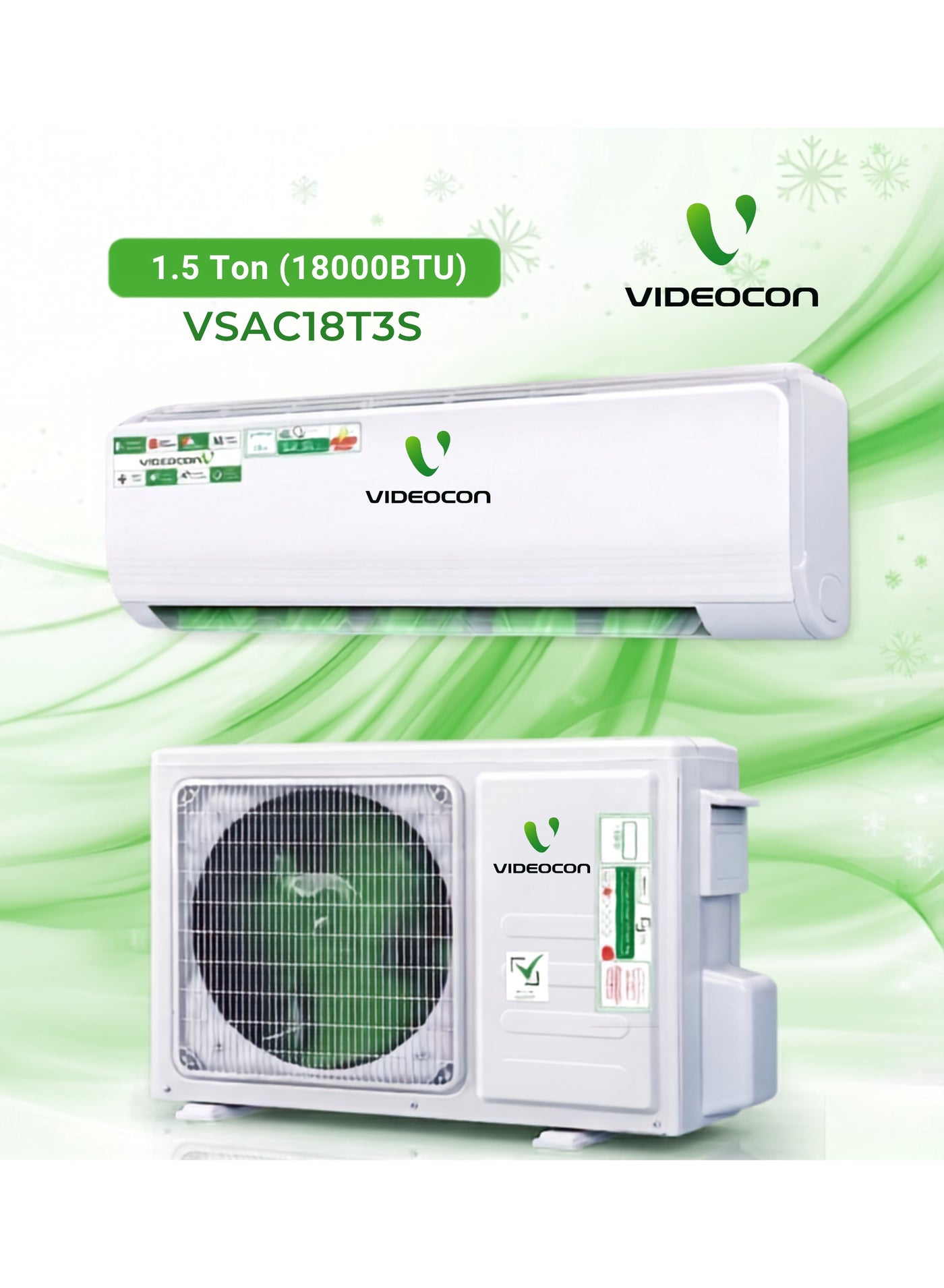 Compare Videocon 1.5 Ton Split AC, T3 Rated Compressor, R410A Refrigerant, Gold Fin Condenser, 4Way Swing, Low Noise, Energy Efficient, Auto Restart, 5 Year Compressor Warranty VSAC18T3S at KSA Price