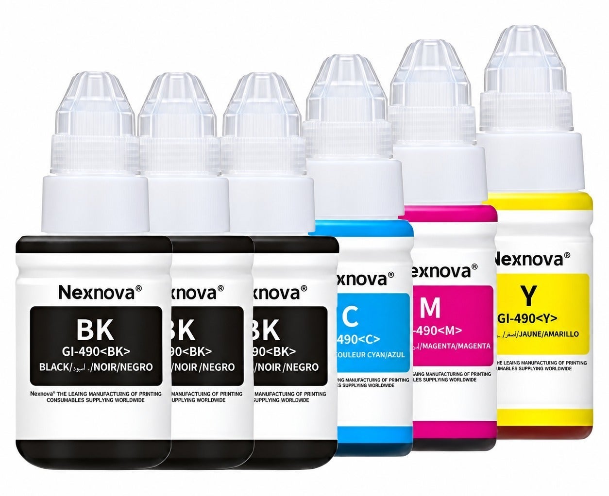 Compare NexNova GI490 Compatible Refill Ink 6Pack, 3 Black 135ml and Cyan Magenta Yellow 70ml Each, for Canon PIXMA G1400 G1410 G1411 G2400 G2410 G2411 G3400 G3410 G3411 G4400 G4410 G4411 at KSA Price