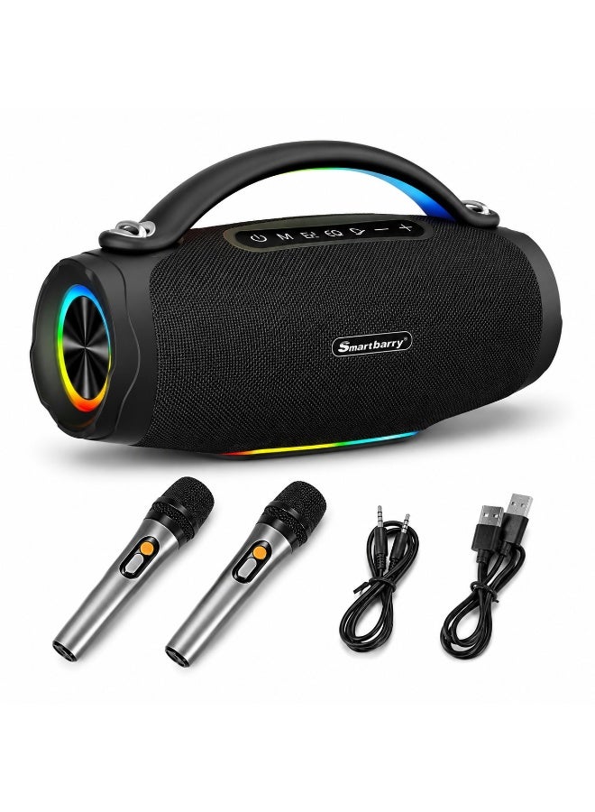 Compare M92 Portable Wireless Bluetooth Karaoke Speaker with Dual Wireless Microphones, 120W High Power Bass, RGB LED Lights, USBTF CardAUX Support, Rechargeable Party Audio System – Black at KSA Price