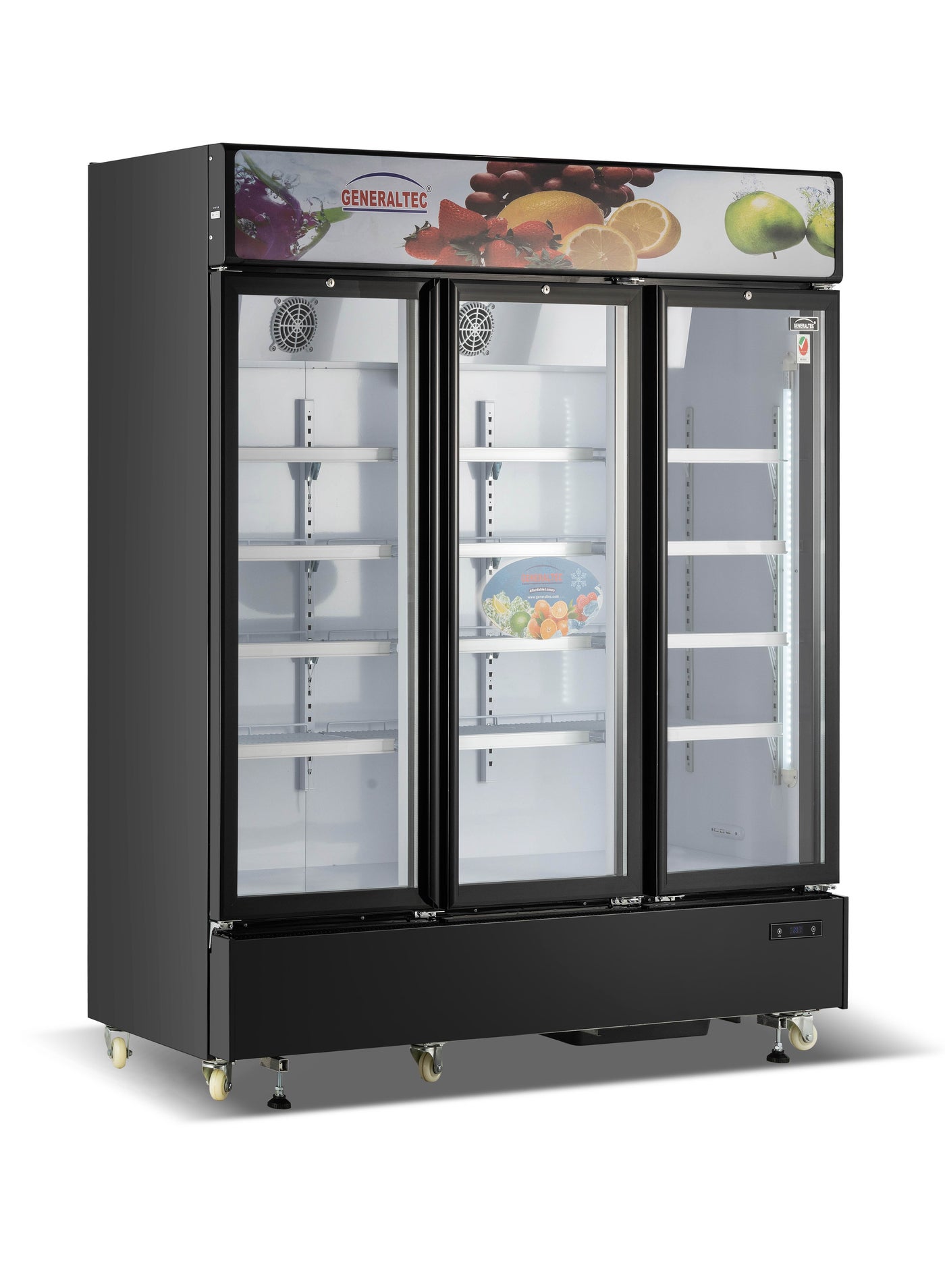 Compare Generaltec Showcase Chiller 3 Glass Door, Black Color, with 5 Year Compressor & 1 Year Full Warranty at KSA Price