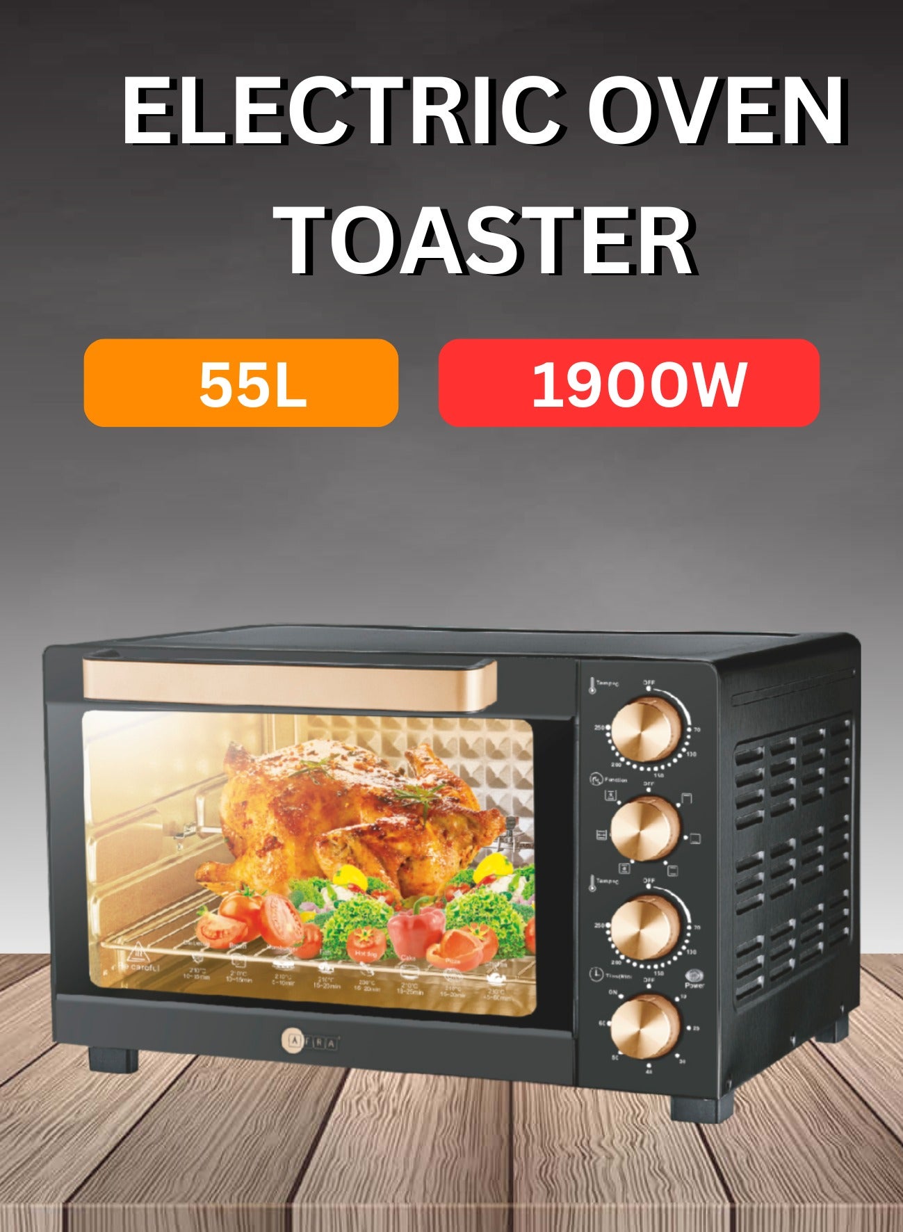 Compare AFRA Electric Oven Toaster, 55L, 1900w Convection Rotisserie & Oven Lamp, 4 Knobs Tray, Rack, Handle, 7Functions control, Adjustable Thermostat 70 to 250C, AF5519OTBK, 2Year Warranty at KSA Price
