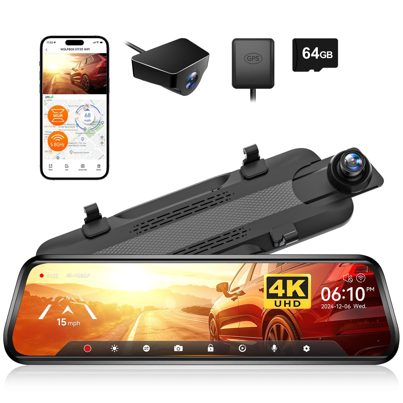 WOLFBOX G930 10'' 4K Rear View Mirror Camera with…