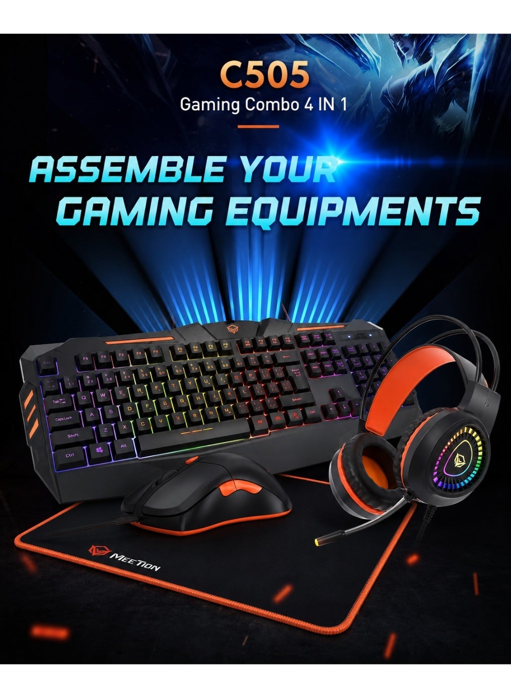 Compare Meetion MT C505 4 in 1 Gaming Combo Kit: RGB Keyboard, 3200DPI Mouse, Backlit Headphone With Omni Directional Microphone, High Precision Mouse Pad at KSA Price