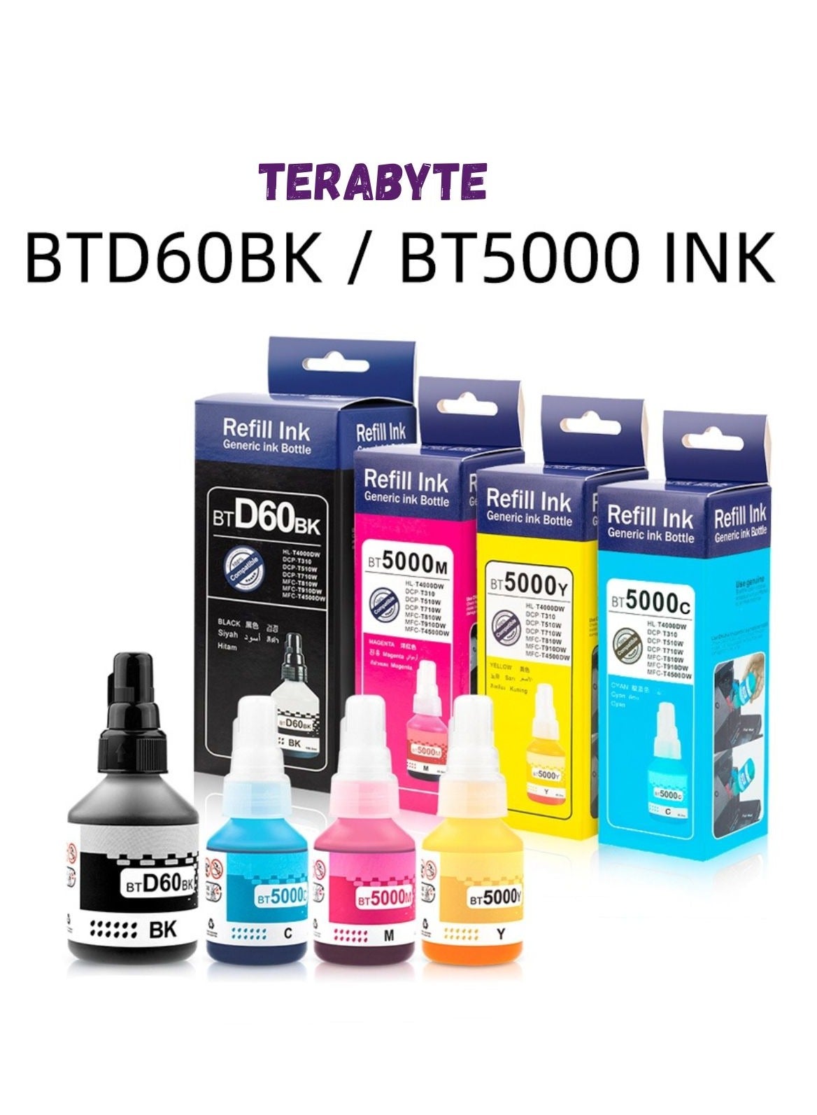 Compare Ink BTD60 BT5000 for Brother Pack of 4 Black Cyan Magenta Yellow for DCP  T300 T510W T710W MFC  T810W T910DW HL  T4000DW DCP  T310W T510W T710W MFC  T810W T910DW T4500DW DCPT300 at KSA Price