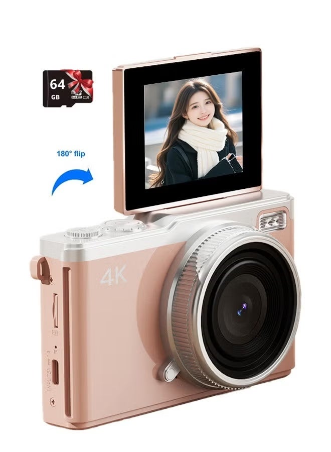 Compare 4K Digital Camera, 64MP Vlogging Cameras, 16X Autofocus Point and Shoot Digital Camera with 2.4in 180°Flip Screen, Compact Vlog Travel Camara with 64G TF Card for Photography, Pink at KSA Price