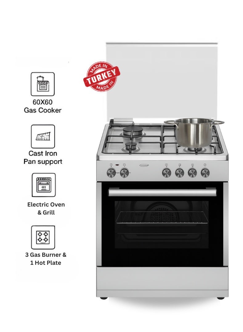 Compare 60x60 cm Stainless Steel Cooking Range | 3 Gas Burners + 1 Electric Hotplate | Electric Oven & Grill | AutoIgnition | Durable Pan Supports | Made in Turkey| Compact Family Cooking Range – Model VC6631ESD at KSA Price